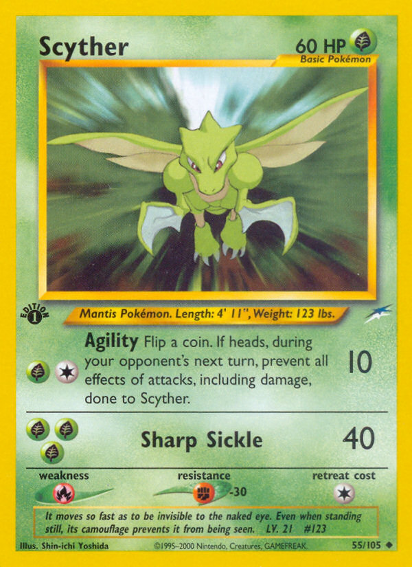 pokemon cards scyther (55/105) [Neo Destiny 1st Edition] Certification ID:63558232 Saprolings Evolves from null Colorless MTG Singles (All) –